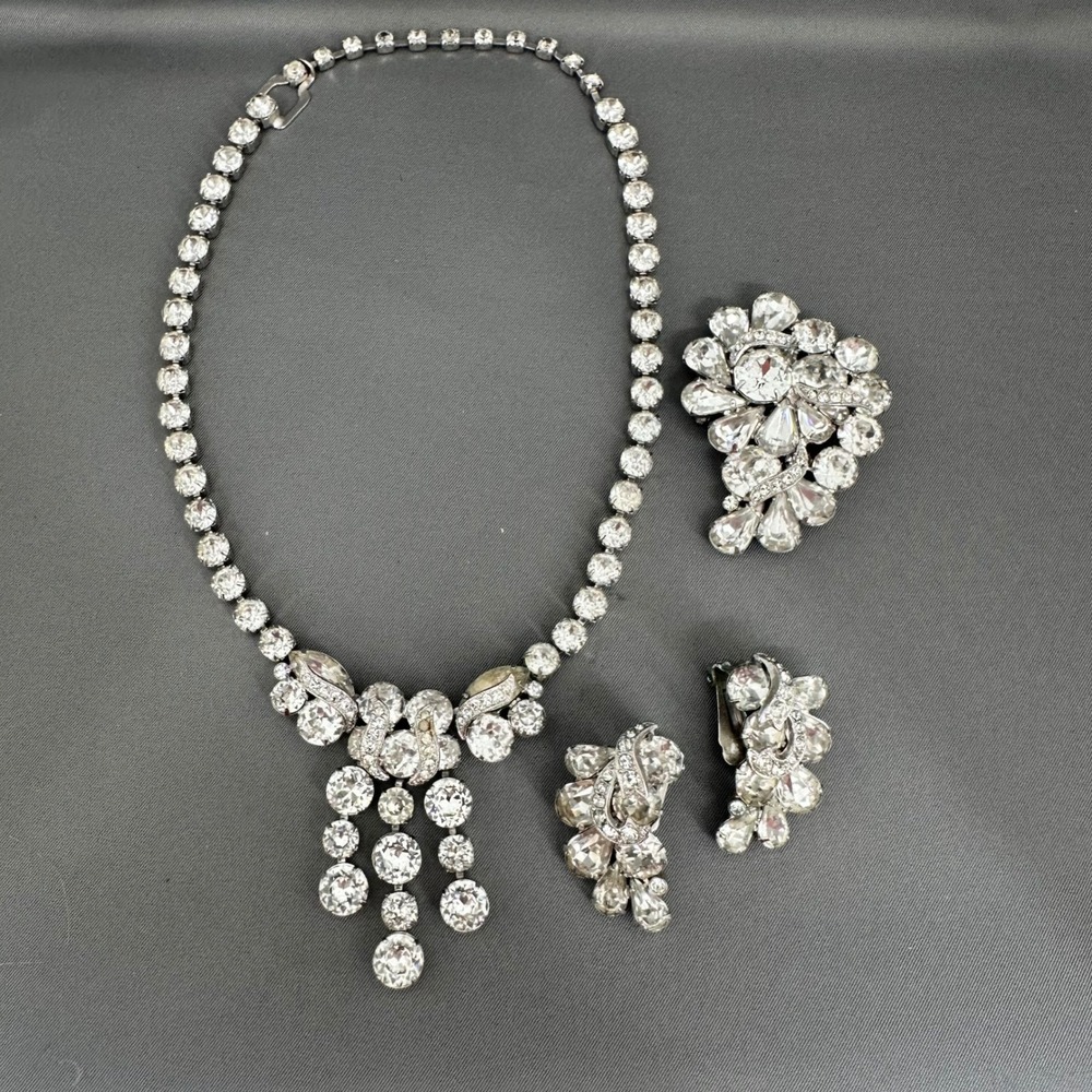 Vintage Eisenberg Ice MCM Rhinestone Jewelry Set Necklace Brooch Earrings Silver